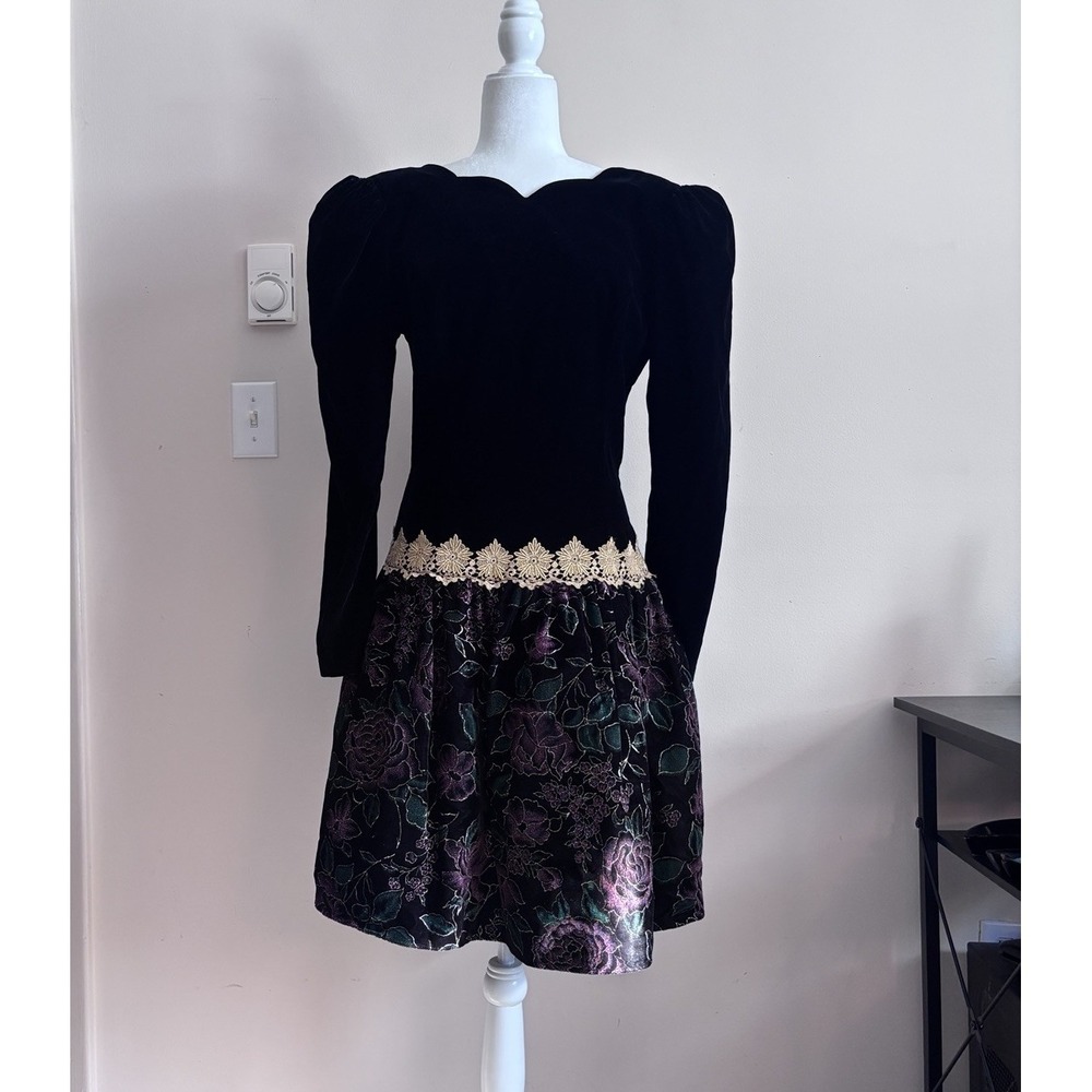 Vintage 80s Scott McClintock 10 Party Cocktail Prom Dress Black Velvet Floral